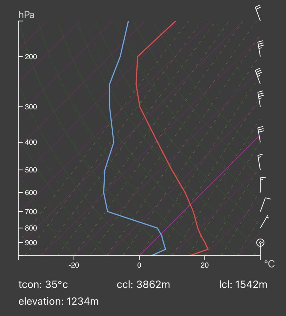 Diagrama Skew-T previsto para las 16h